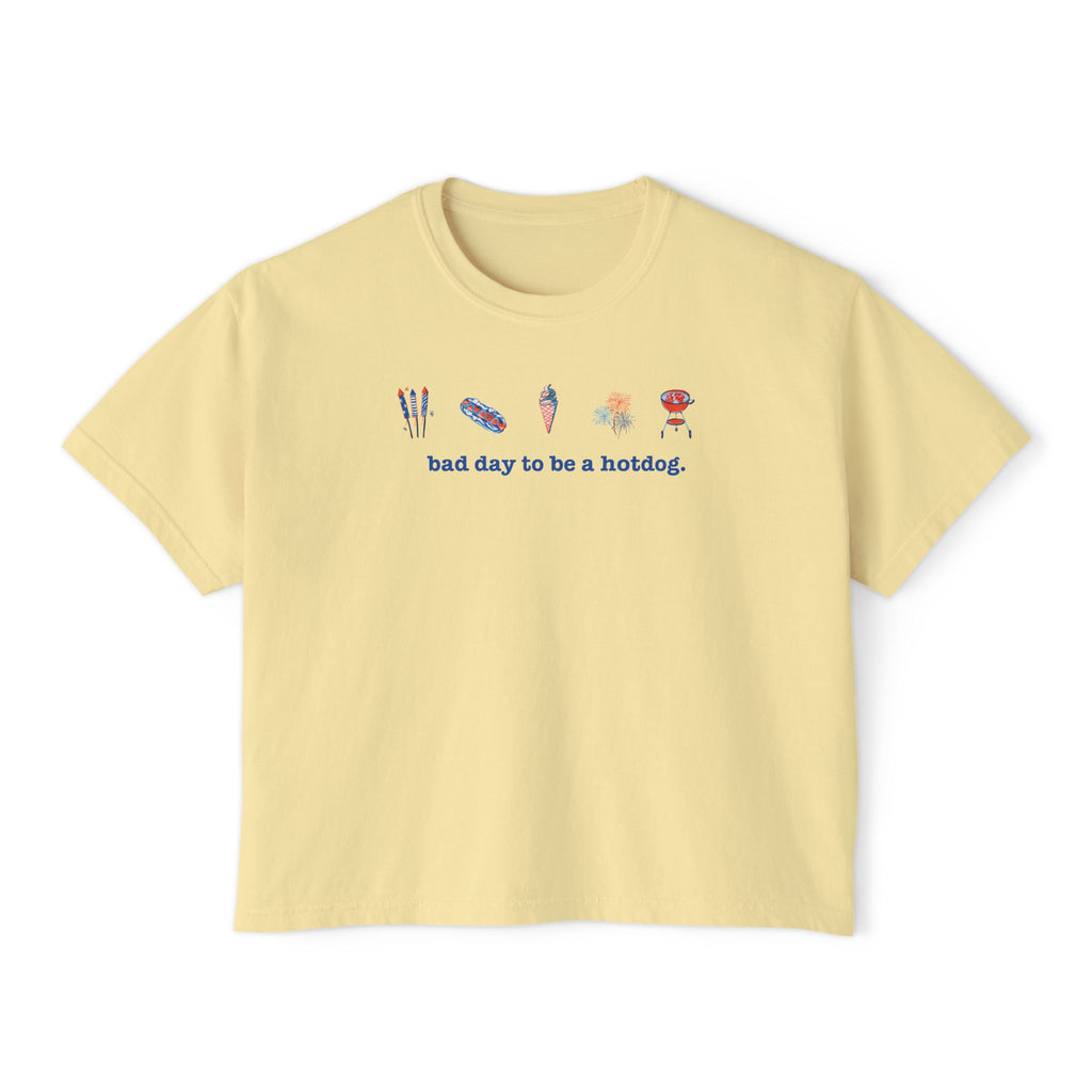 Bad Day to Be a Hotdog Boxy Tee — Cute Kawaii Snack Graphic Women's Shirt