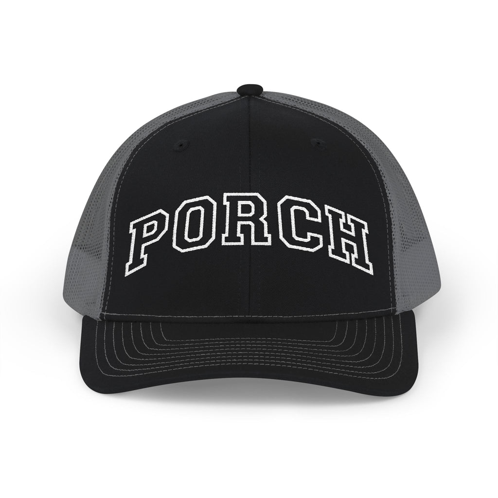 Porch Snapback Trucker Hat — Casual Mesh Baseball Cap with 'PORCH' Arch Logo