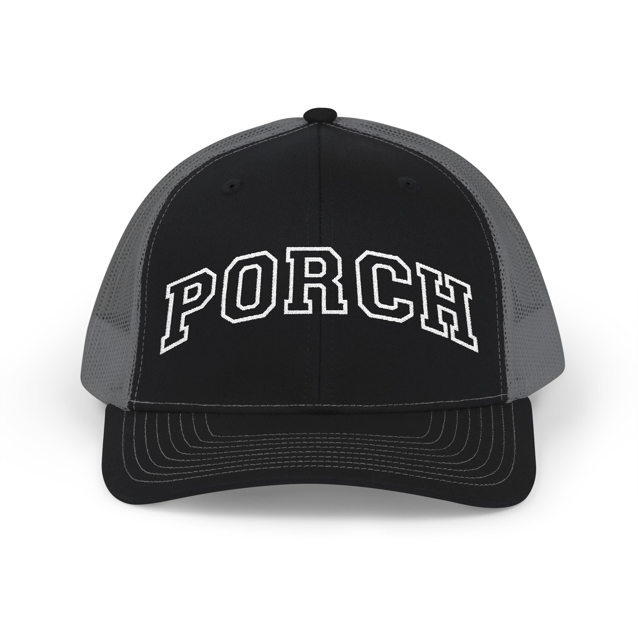 Porch Snapback Trucker Hat — Casual Mesh Baseball Cap with 'PORCH' Arch Logo