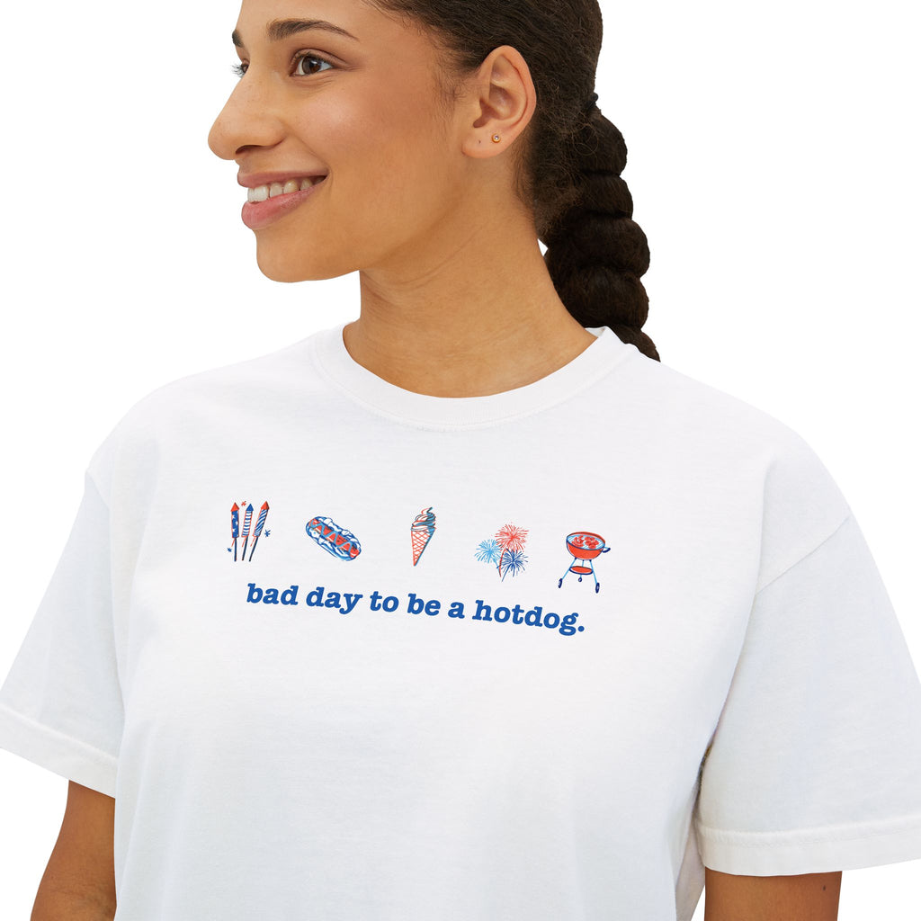 Bad Day to Be a Hotdog Boxy Tee — Cute Kawaii Snack Graphic Women's Shirt
