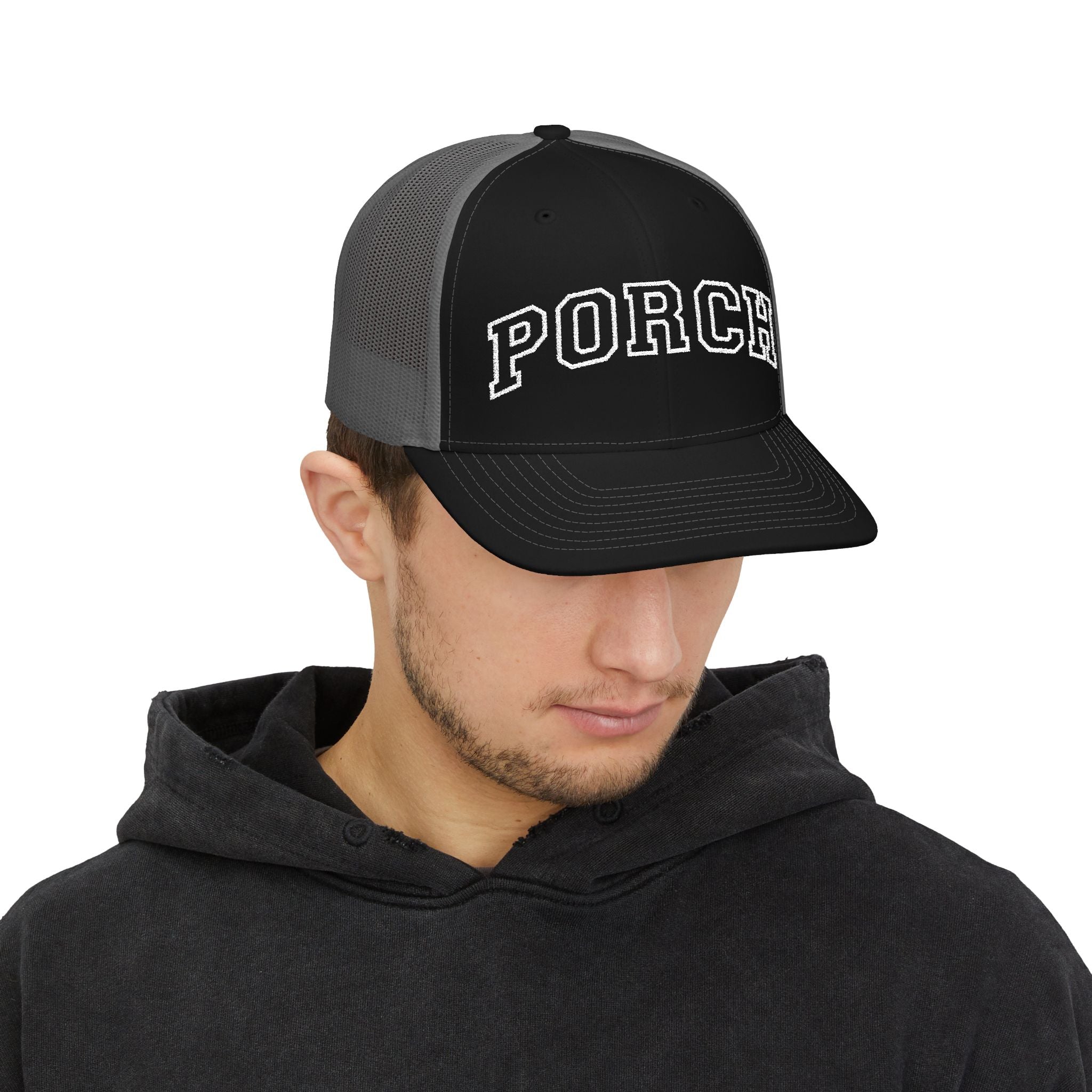 Porch Snapback Trucker Hat — Casual Mesh Baseball Cap with 'PORCH' Arch Logo