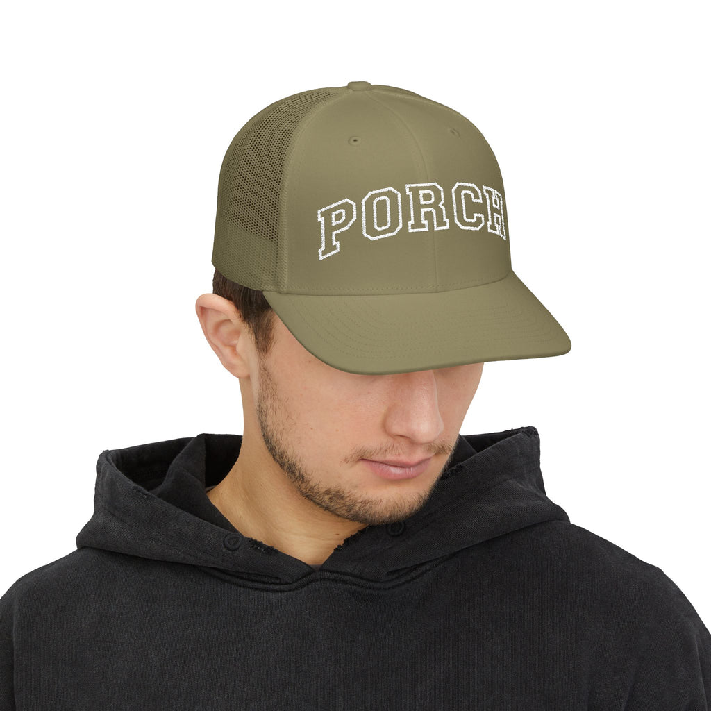 Porch Snapback Trucker Hat — Casual Mesh Baseball Cap with 'PORCH' Arch Logo