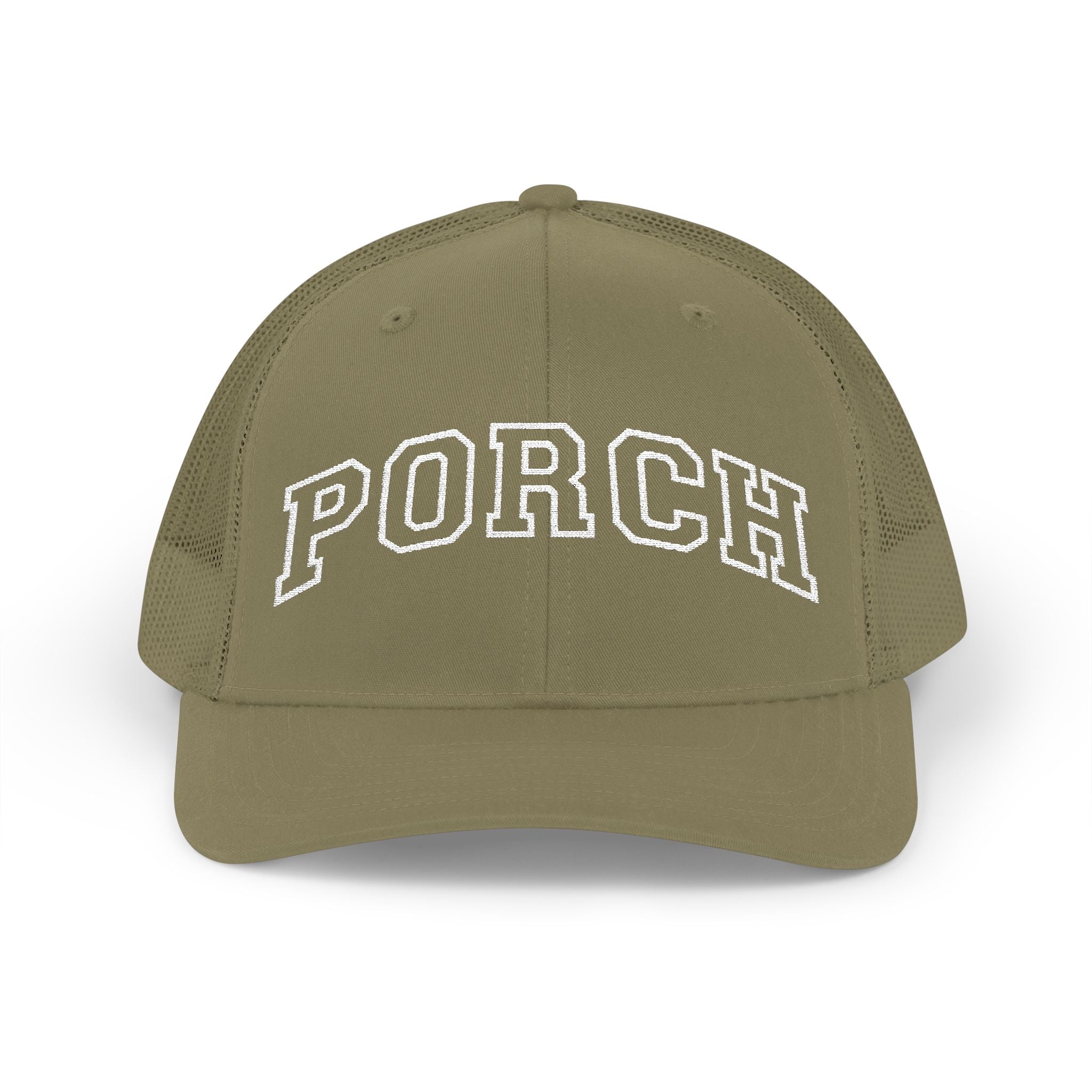 Porch Snapback Trucker Hat — Casual Mesh Baseball Cap with 'PORCH' Arch Logo