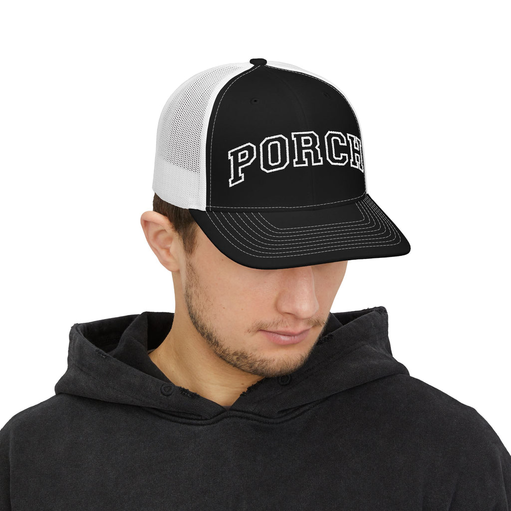 Porch Snapback Trucker Hat — Casual Mesh Baseball Cap with 'PORCH' Arch Logo