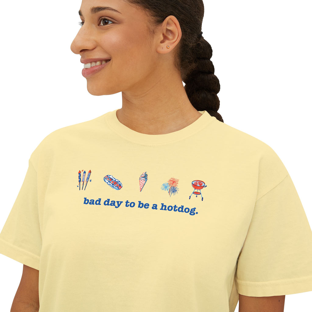 Bad Day to Be a Hotdog Boxy Tee — Cute Kawaii Snack Graphic Women's Shirt
