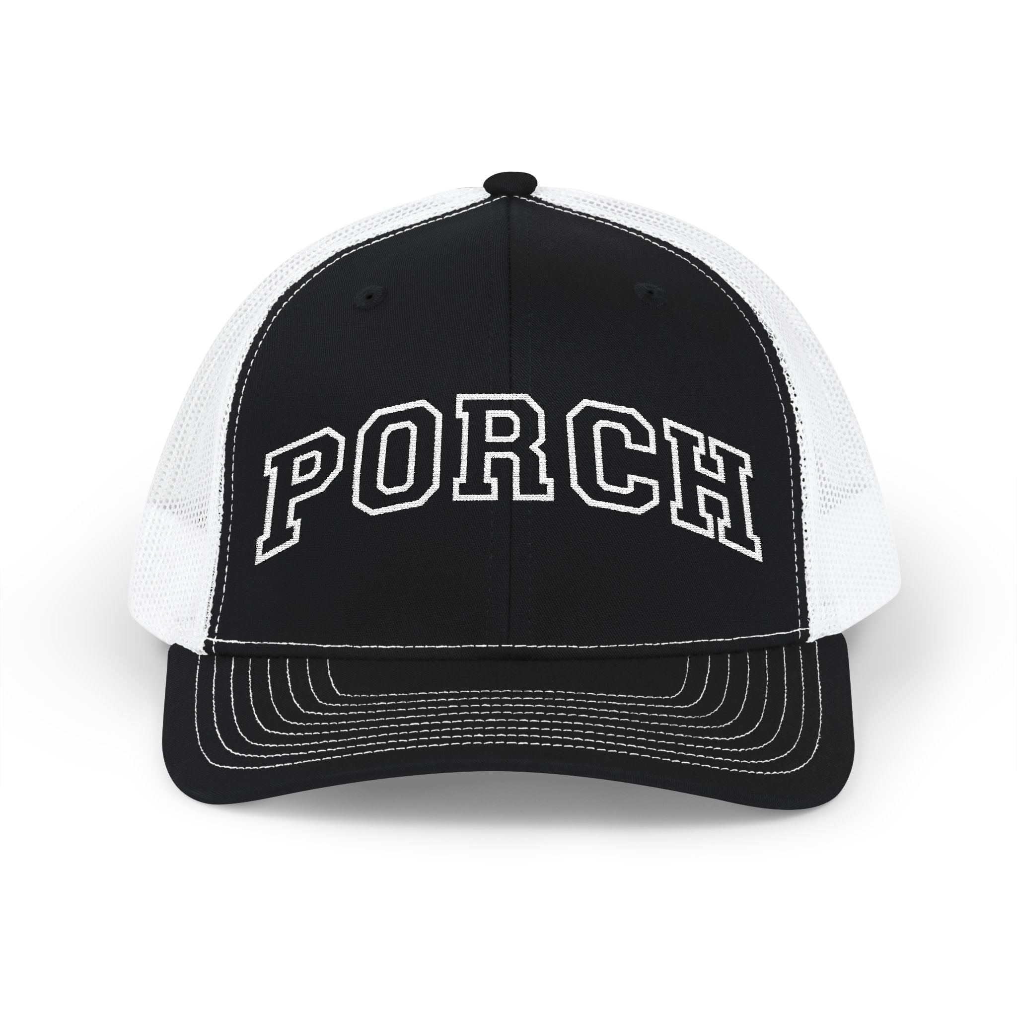Porch Snapback Trucker Hat — Casual Mesh Baseball Cap with 'PORCH' Arch Logo